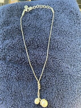 Brighton Silver Lariat Necklace with White Pearl Drops